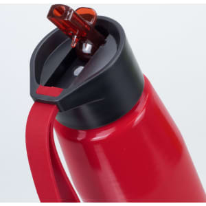 A red aluminium drink bottle with a black lid and a straw, featuring a carry strap and a logo.
