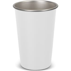 A drink bottle with a white exterior and a stainless-steel interior, featuring a simple design and a logo.