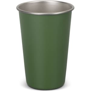 A drink bottle featuring a green exterior and a silver interior, with a simple design and a logo on it.
