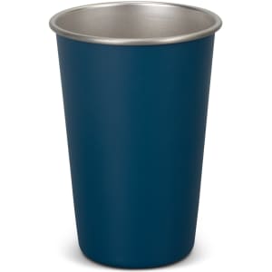 A drink bottle in dark blue with a silver interior, featuring a logo on the side.
