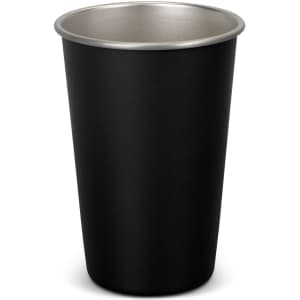 A drink bottle featuring a smooth black exterior and a silver interior, with a simple design and a logo.
