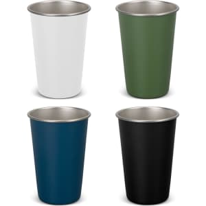 A set of four plastic tumblers in white, green, navy, and black, featuring stainless steel interiors and a logo.
