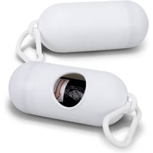 A white pet bag dispenser featuring a rounded capsule shape and a clip for attaching to bags or leashes.