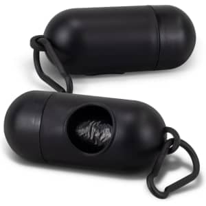 A black pet bag dispenser featuring a clip for attachment and a compartment for storing bags.