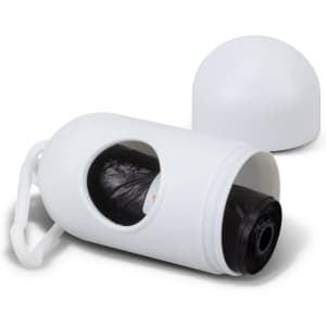 A white pet bag dispenser with a removable cap and a visible roll of black bags inside. It features a clip for attachment.