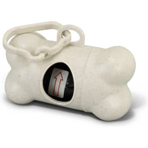 A cream-coloured pet bag dispenser shaped like a bone, featuring a clip and an opening for refills.