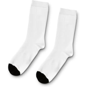 A pair of white crew socks with black toe caps, featuring a logo on one sock.