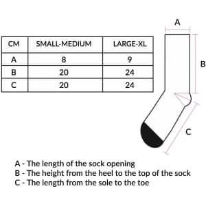 A diagram of a sock size chart with measurements labeled A, B, and C, featuring a sock illustration and dimensions in centimetres.
