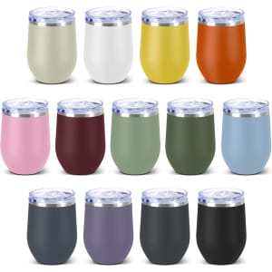 A drink bottle collection featuring ceramic vacuum cups in various colours: white, yellow, orange, pink, green, blue, grey, and black.