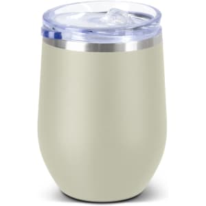 A drink bottle in a soft green hue with a transparent lid and a silver band near the top. Features a logo.