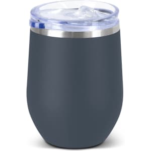A drink bottle in matte dark grey with a clear lid and a silver rim, featuring a logo on the surface.