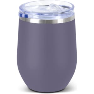 A drink bottle in a grey ceramic finish with a clear lid and straw, featuring a logo on the side.