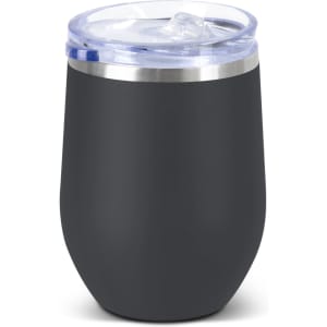 A drink bottle featuring a matte black ceramic body and a clear plastic lid with a straw opening. It has a logo.