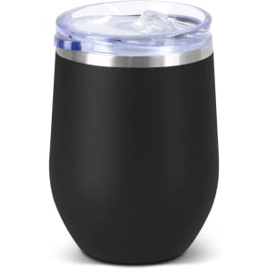 A drink bottle in matte black with a clear lid and a stainless steel rim, featuring a branded logo.