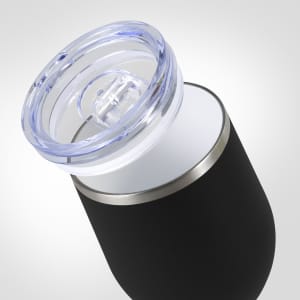 A drink bottle featuring a black ceramic exterior, a silver ring, and a clear lid. It has a logo on the side.