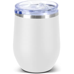 A drink bottle with a white ceramic exterior and a clear lid, featuring a stainless steel band.