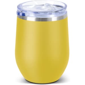 A drink bottle in vibrant yellow with a clear lid and a stainless steel rim, featuring a logo.