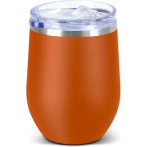 An orange ceramic vacuum cup with a clear lid. It features a stainless steel rim and a smooth, matte finish.
