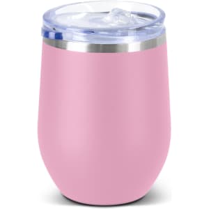 A drink bottle with a pink matte finish, stainless steel band, and a clear lid. Features a logo on the side.