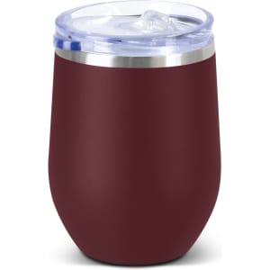 A drink bottle in a deep wine colour with a clear lid and a stainless steel band, featuring a logo.