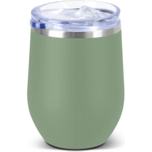 A drink bottle in matte green with a clear lid and a silver band around the top. Features a logo.