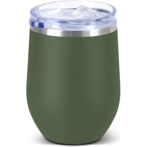 A drink bottle in matte olive green with a clear lid and a silver band, featuring a logo.