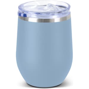 A drink bottle in light blue with a stainless steel base and transparent lid, featuring a logo.
