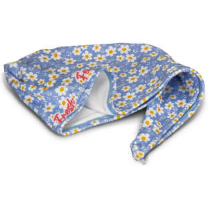 A floral blue hair towel with a white inner lining and a logo. Features a daisy pattern throughout.