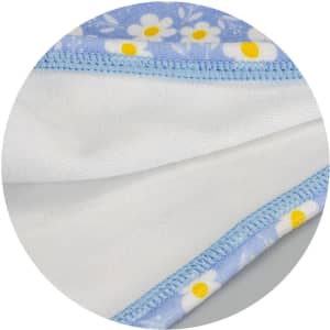 A hair towel featuring a floral pattern in blue and yellow with a soft white interior, edged with light blue stitching.