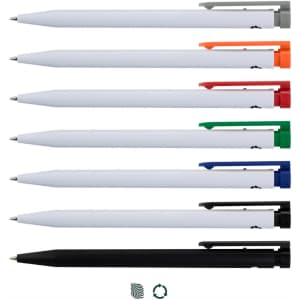 A series of recycled plastic pens in various colours: orange, red, green, blue, and black, with a white barrel and clips.