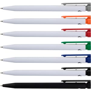 A collection of recycled plastic pens in white with assorted coloured clips: grey, orange, red, green, blue, and black.