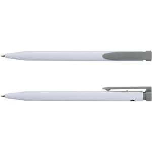A recycled plastic pen in white with a grey clip and grip, featuring branding on the side.