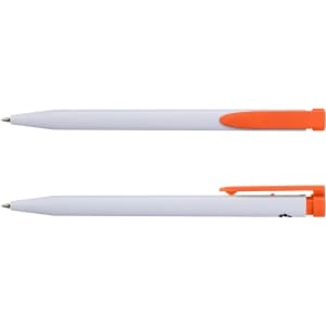 A recycled plastic pen in white with orange accents, featuring a logo on the side.
