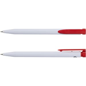 A recycled plastic pen in white with a red clip and accent. The pen features a logo on its body.