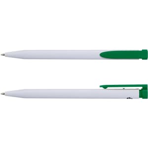 A recycled plastic pen in white with green accents, featuring a clip and smooth finish. It has a logo.