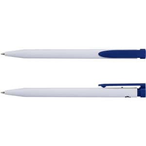 A recycled plastic pen in white with blue accents, featuring a logo on the side.