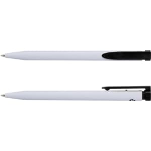 A recycled plastic pen in white with a black clip and black accents, featuring a logo on the body.