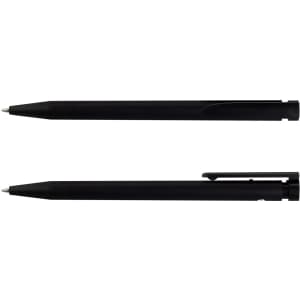A black recycled plastic pen featuring a sleek design and a clip, showcasing both a capped and uncapped view.