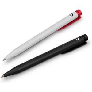 A recycled plastic pen set featuring a red and white pen, along with a black pen. Both have logos.