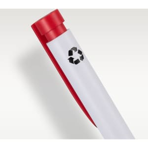 A recycled plastic pen in white with a red cap and a logo featuring a recycling symbol.