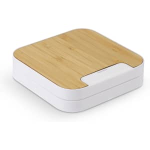A wireless fast charging stand featuring a sleek white base and a bamboo top, with a logo on the surface.
