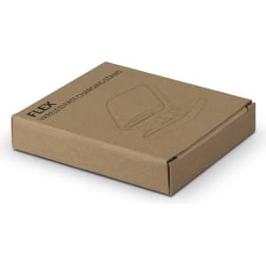A brown cardboard box containing a wireless fast charging stand, featuring minimalist line designs on its surface.