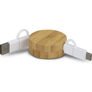 A bamboo retractable charging cable with white connectors on either end, designed for convenient storage.