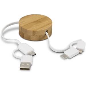 A bamboo retractable charging cable with white connectors for USB, USB-C, and Lightning. Circular design.