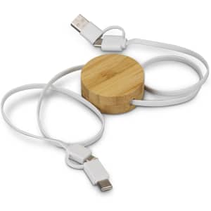 A bamboo retractable charging cable with white cables, featuring a circular bamboo housing and USB and charging connectors.