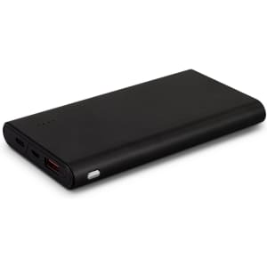A black power bank with multiple ports and a subtle logo, designed for charging devices on the go.
