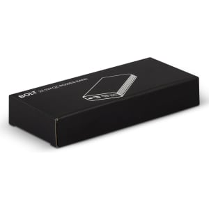 A black box containing the Bolt 22.5W QC Power Bank, featuring a simple design and a logo.
