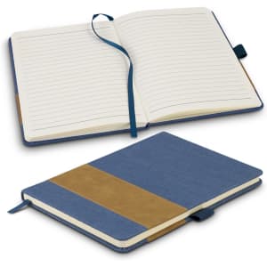 A denim notebook featuring a blue cover with a brown band, open to reveal lined pages and a ribbon bookmark.
