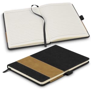 A denim notebook featuring a black cover with a brown leather-like band, opened to reveal lined pages.
