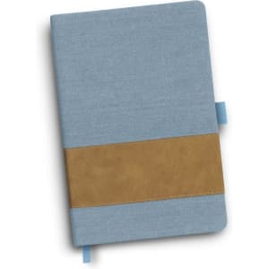 A denim notebook in light blue with a brown leather-like band, featuring a blue ribbon bookmark and a logo.